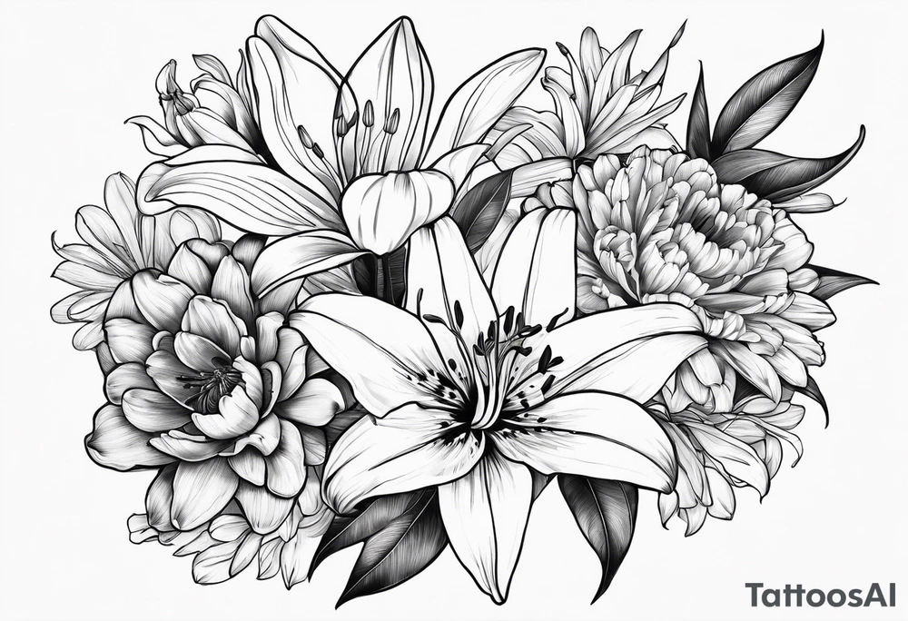 lily, marigold, tulip, cosmo, and aster tattoo idea