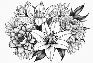 lily, marigold, tulip, cosmo, and aster tattoo idea