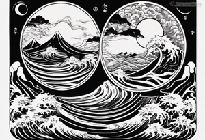 daytime yin swirl with sun and ocean waves imagery in style of Hokusai with night time yang swirl with moon and fir trees and mountains. edges should be blurred tattoo idea