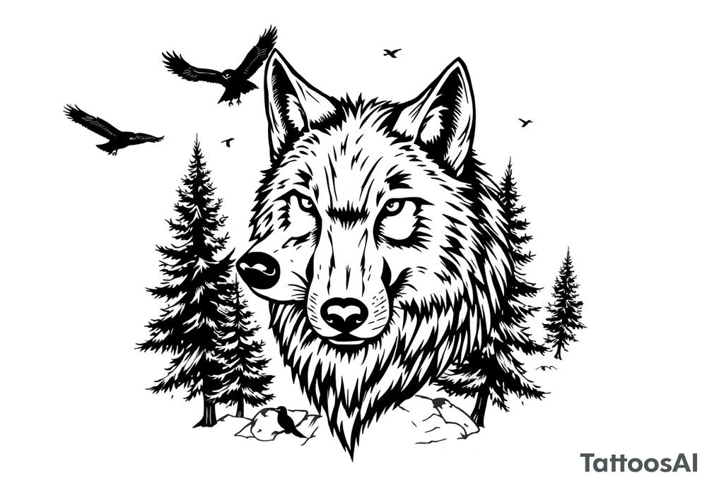 Wolf head surrounded by large pine trees growing from black ground and small ravens flying overhead tattoo idea