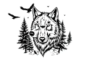 Wolf head surrounded by large pine trees growing from black ground and small ravens flying overhead tattoo idea
