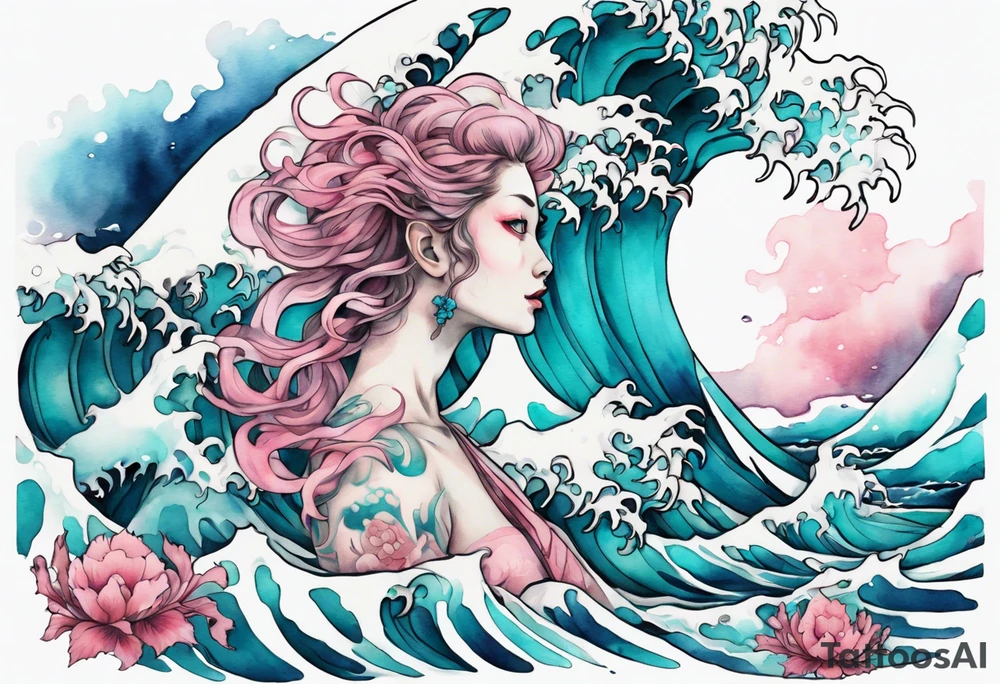 a beautiful turquoise and white and pink Scylla rising from the blue waves of the ocean tattoo idea