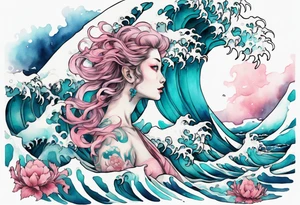 a beautiful turquoise and white and pink Scylla rising from the blue waves of the ocean tattoo idea