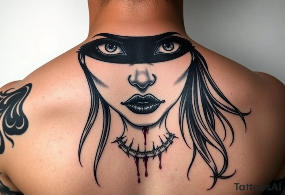 Women that has big eyes but her eyes are not there cause she is blind with a nose and long long hair that is flowing down her chest and back and her big lips are sown shut like stitches to her mouth and her ears both are bleeding tattoo idea