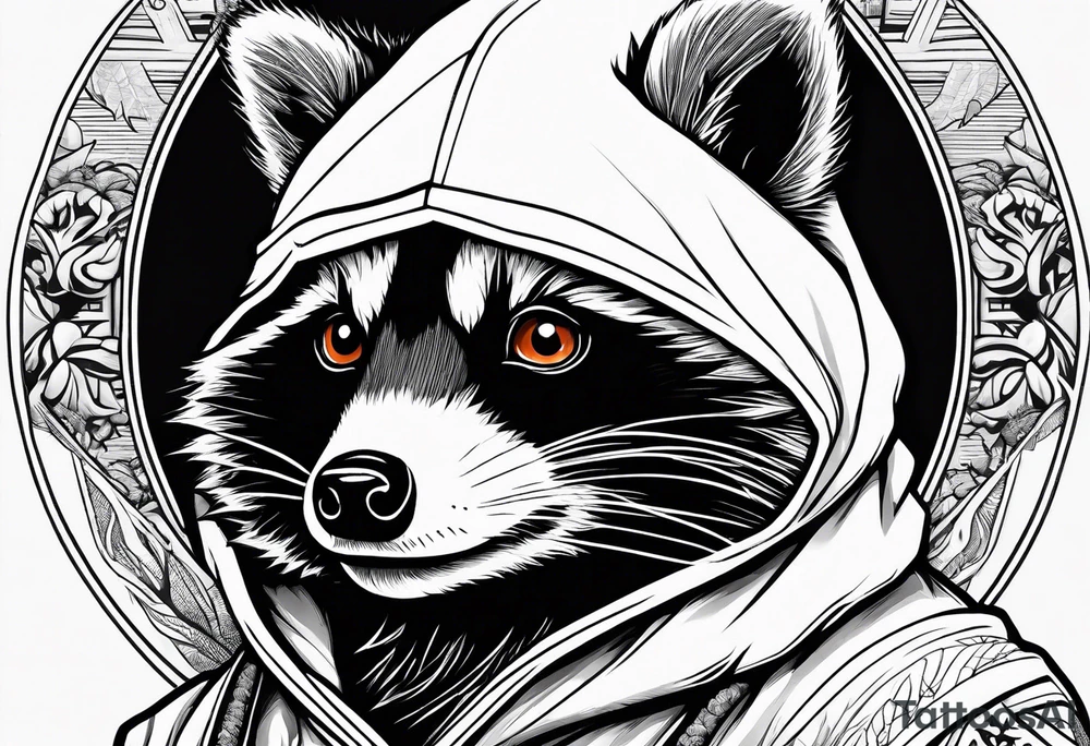 Raccoon wearing an orange Superman hoodie tattoo idea