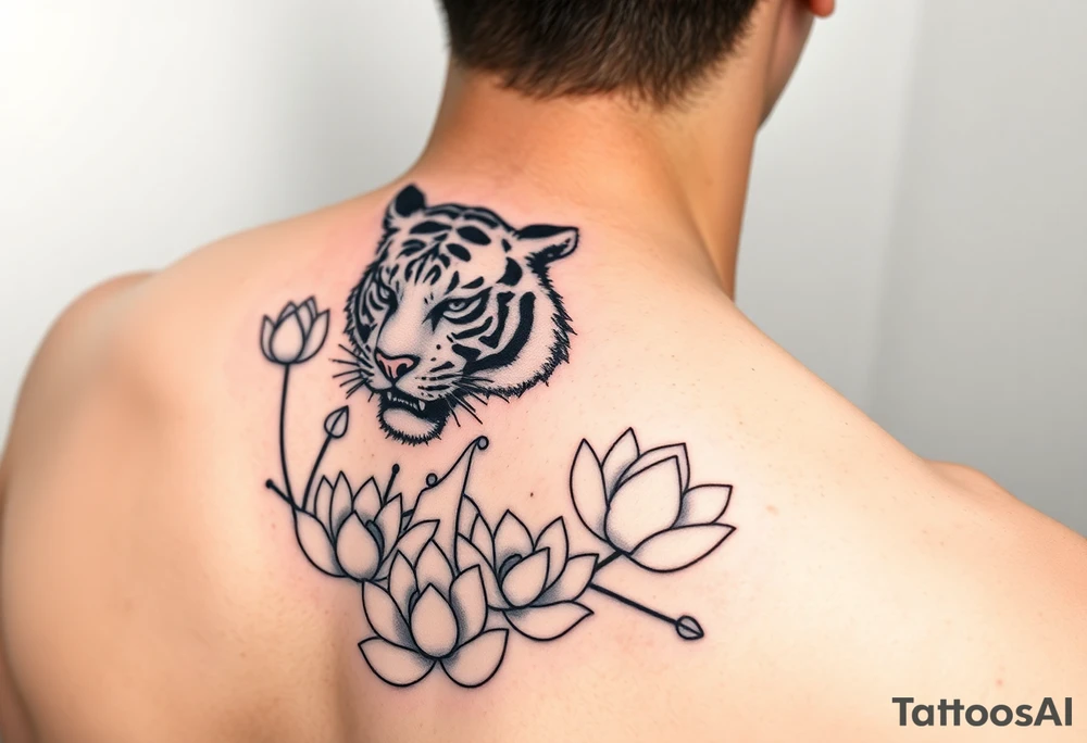 fierce tiger emerging through blooming lotus flowers in mist tattoo idea