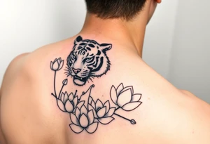 fierce tiger emerging through blooming lotus flowers in mist tattoo idea