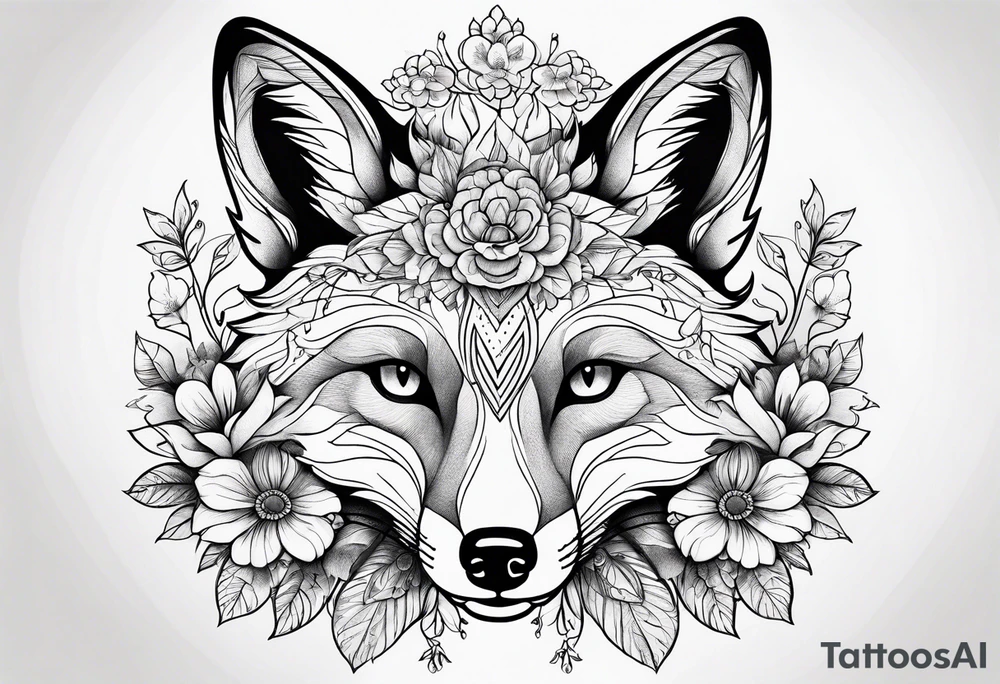 flowers with fox full body thin line tattoo idea