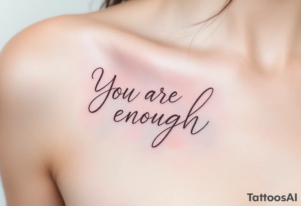 “You are enough” in dusty rose with a faint watercolor background of pastel blues and pinks. tattoo idea