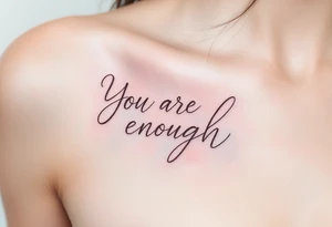 “You are enough” in dusty rose with a faint watercolor background of pastel blues and pinks. tattoo idea