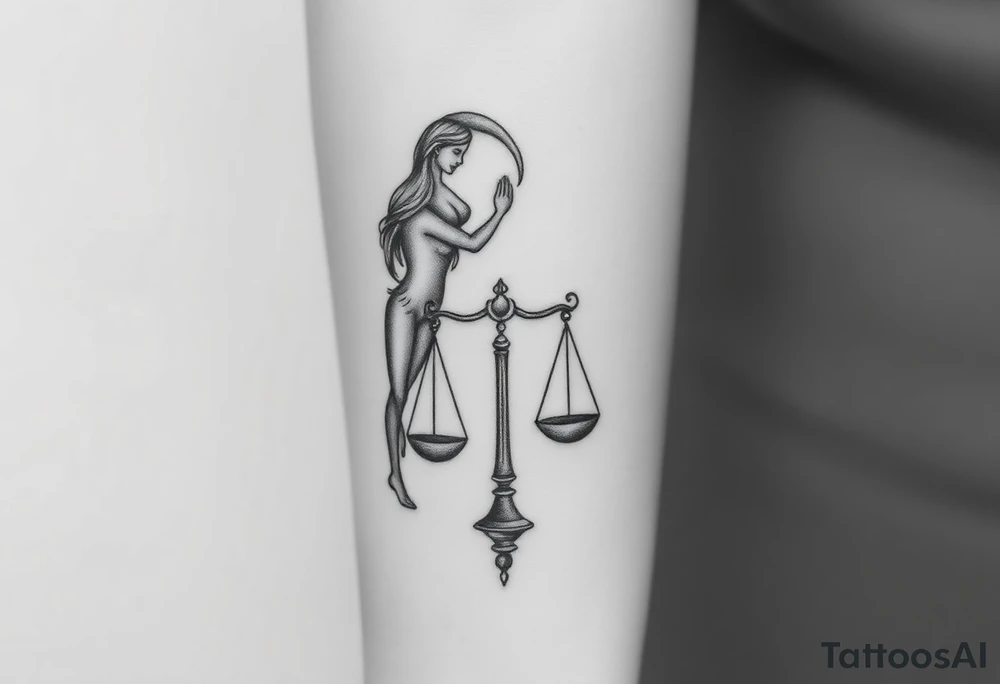 I want a tattoo that combines the Aquarius water bearer and the Libra scales. The water should flow elegantly from the jug, merging into or balancing the scales below. tattoo idea