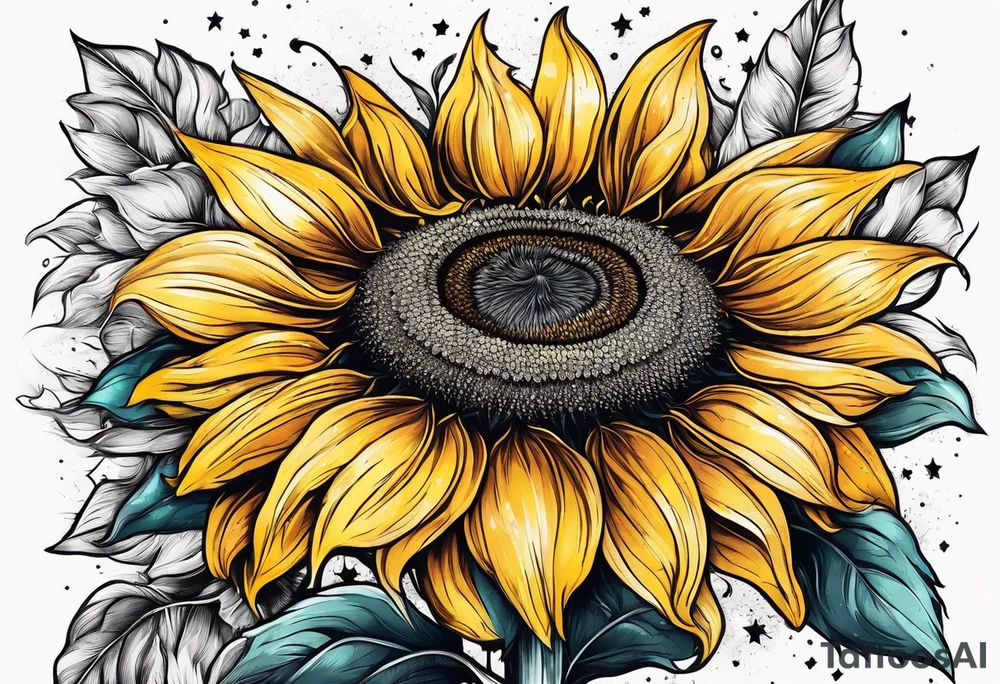 sunflower surrounded with little stars, tree and arrow tattoo idea