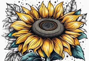 sunflower surrounded with little stars, tree and arrow tattoo idea