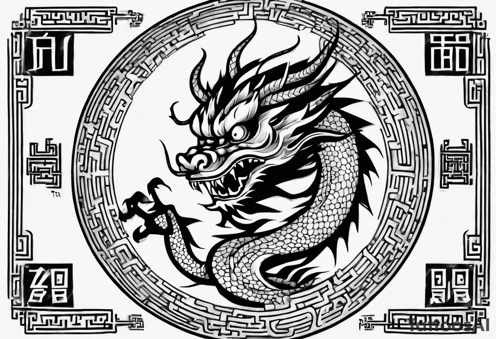 Chinese dragon in a circular shape with "02.03" written on its skin tattoo idea