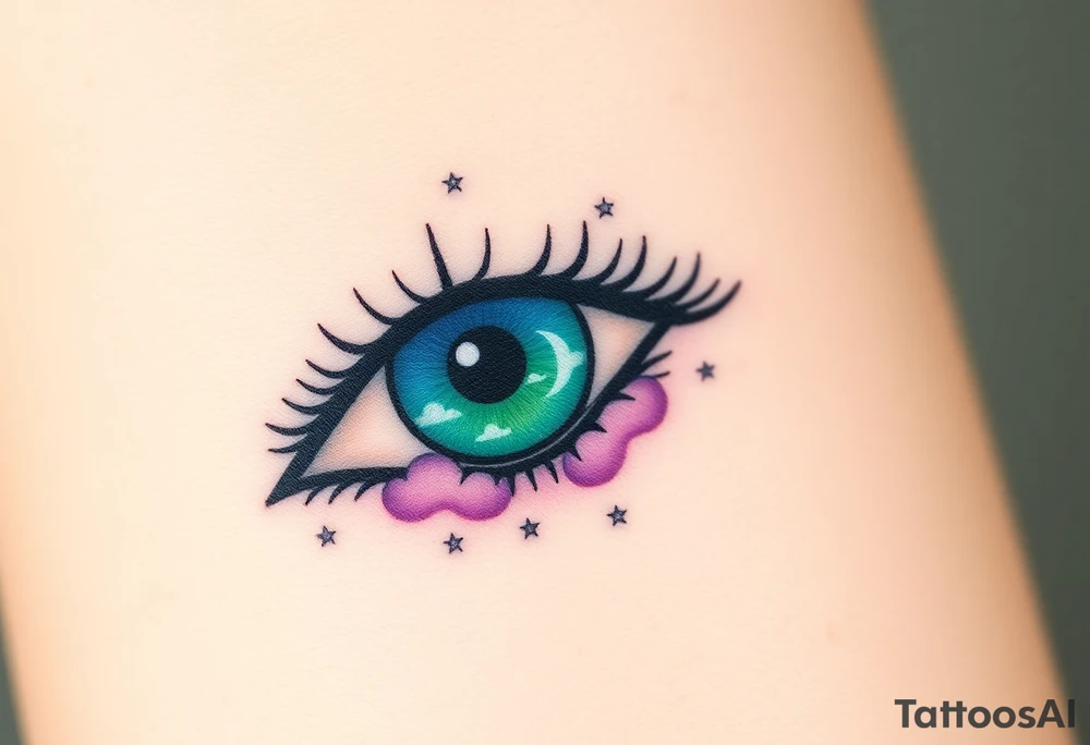 Large outline of an eye shaped like an almond with the eye as a spade with eye colored greenish blue with long pretty black eyelashes + a crescent moon stars and clouds inside of the eyeball only + using vivid colors like blue green purple light blue light green light purple tattoo idea