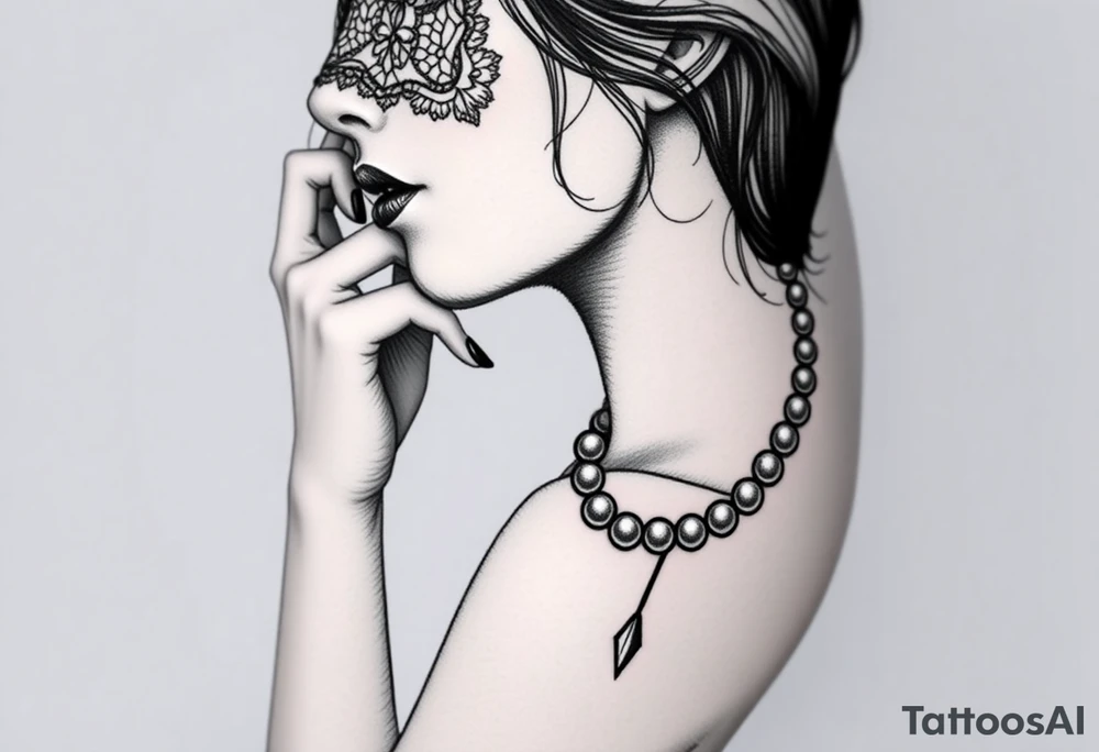 Black and white profile of woman with chin pressed on hand, lace covering  her eyes as and pearl necklace biting pearls sexy tattoo idea