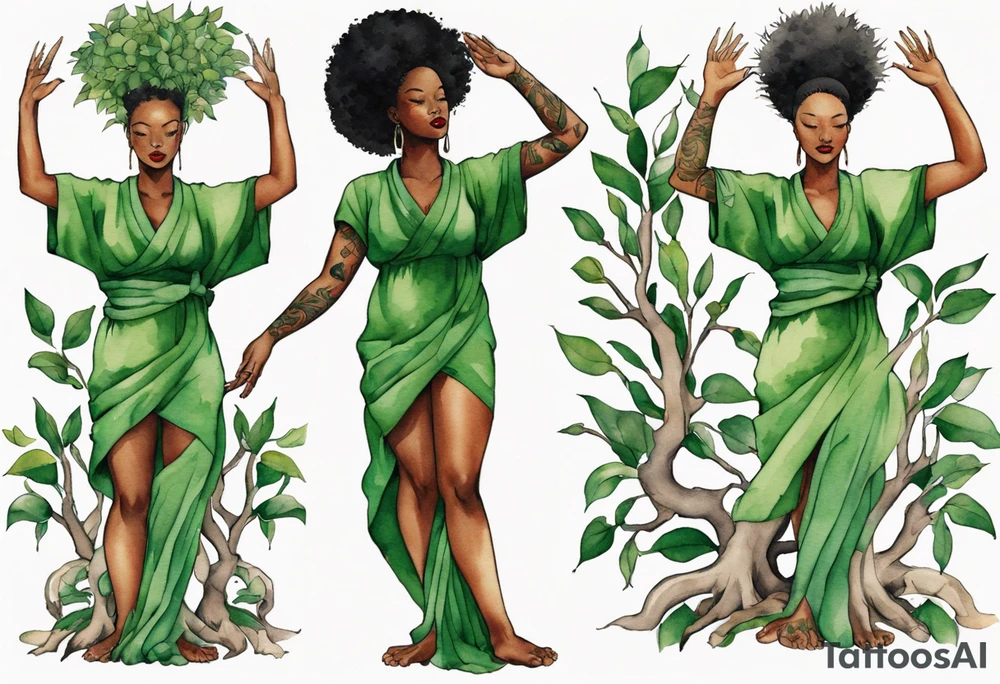 a black woman wearing a green tunic with the lower-half of a tree, her arms raised towards the sun, with legs made out of tree roots tattoo idea