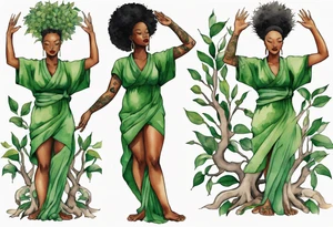 a black woman wearing a green tunic with the lower-half of a tree, her arms raised towards the sun, with legs made out of tree roots tattoo idea