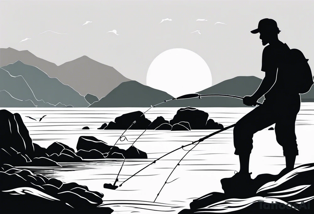 man fishing on a rocky beach silhouette tattoo idea