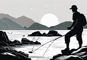 man fishing on a rocky beach silhouette tattoo idea