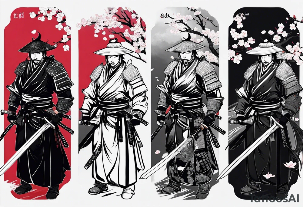 samurai with sword in blood, in armor, for a forearm
Should contains sakura leaves in Anime style. Some Ghost of tsushima vibe
The tatoo should show i have dedication, respect and inner strength, and I try to become better everyday tattoo idea