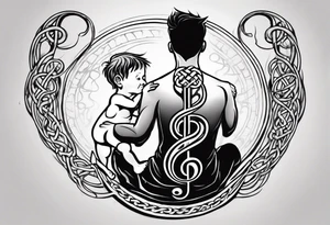 Son sitting on father's shoulders. Walking into the sun. Treble clef on son's back. Celtic design on father's back. tattoo idea
