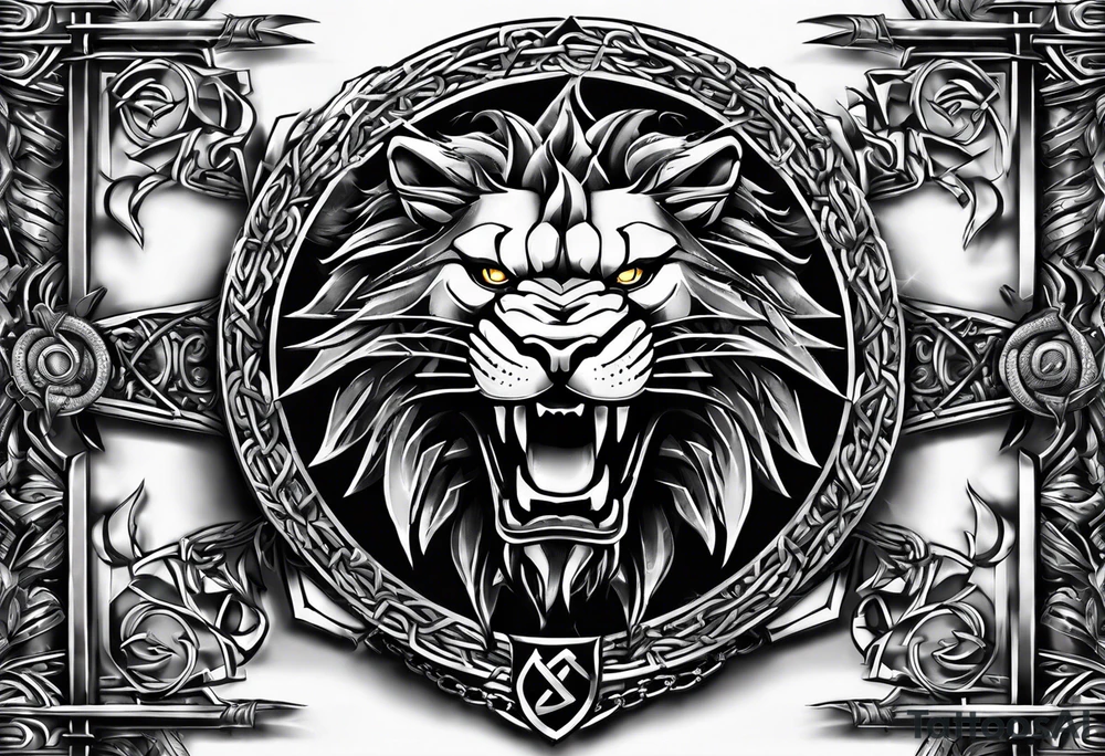 Valhalla sword shield dragon axe Valknut barbed wire chains lion tattoo idea
