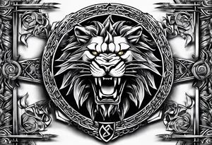 Valhalla sword shield dragon axe Valknut barbed wire chains lion tattoo idea