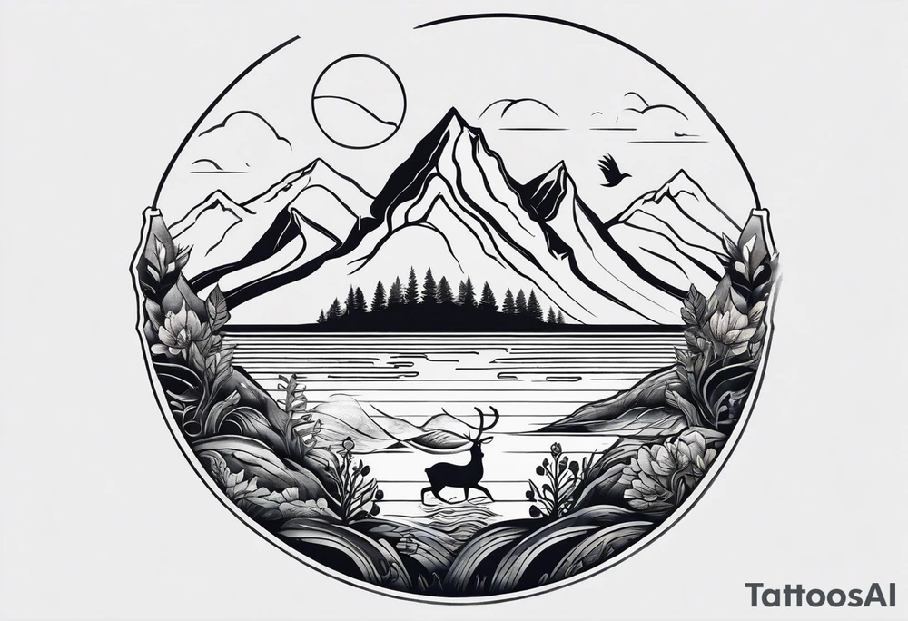 This is a minimalistic tattoo that is split into 2 sections; a top half and a bottom half. The top half is a mountain in Norway with a mountain bike trail winding down the mountain. The bottom half of the tattoo depicts an underwater scene featuring water, and sea life. tattoo idea
