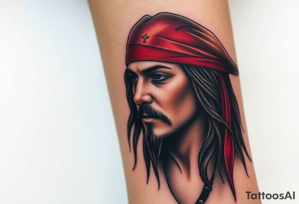 A side-profile portrait of Jack Sparrow with a shadowy skull in the background, symbolizing his connection to death and the supernatural, shaded in grayscale with faint red and gold highlights tattoo idea