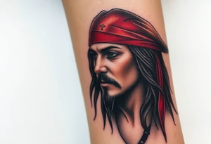 A side-profile portrait of Jack Sparrow with a shadowy skull in the background, symbolizing his connection to death and the supernatural, shaded in grayscale with faint red and gold highlights tattoo idea