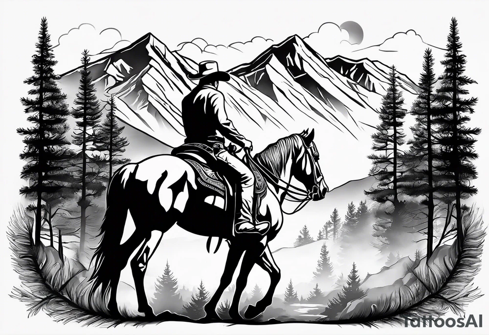 Cowboy with head down riding toward you with mountains aspen and pines tattoo idea