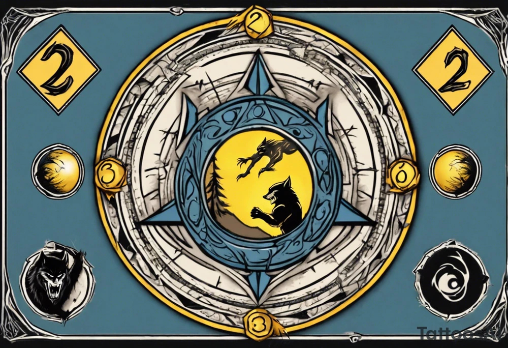 A large 20 sided Dice in the center and the front with numbers on the dice and wolverine claw marks framing the area underneath the dice and a werewolf howling at the moon in the background, and blue and yellow faded background color tattoo idea