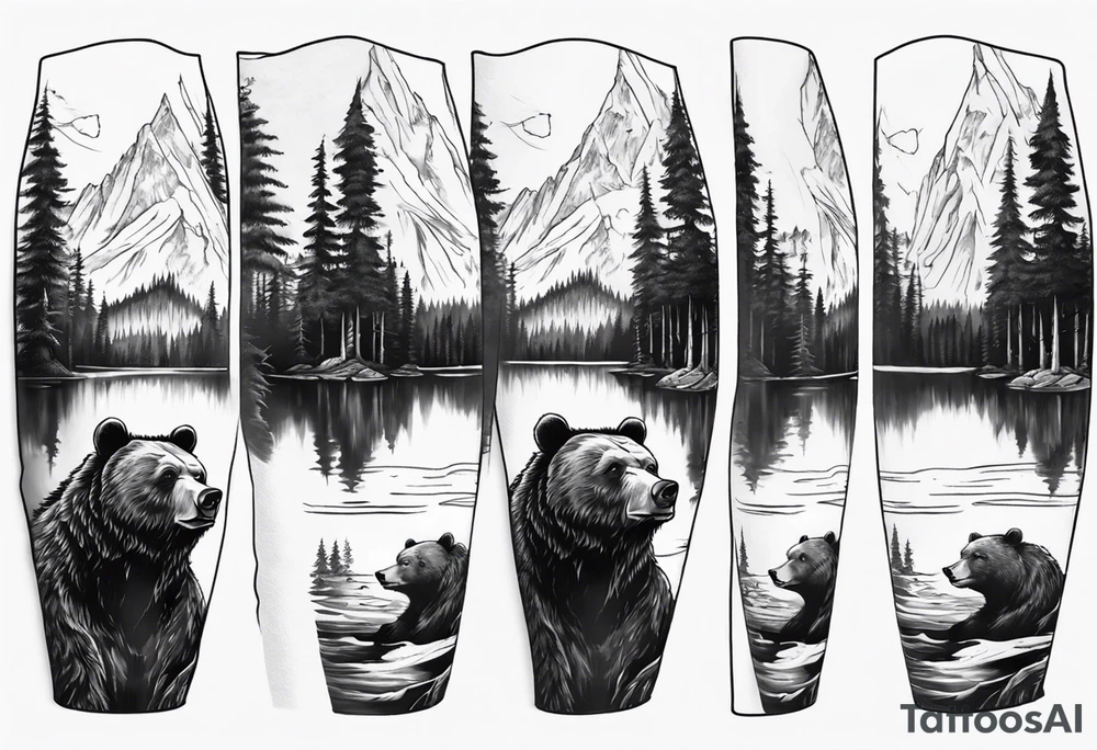 bear head right above the forest line with a lake below, full arm sleeve tattoo tattoo idea