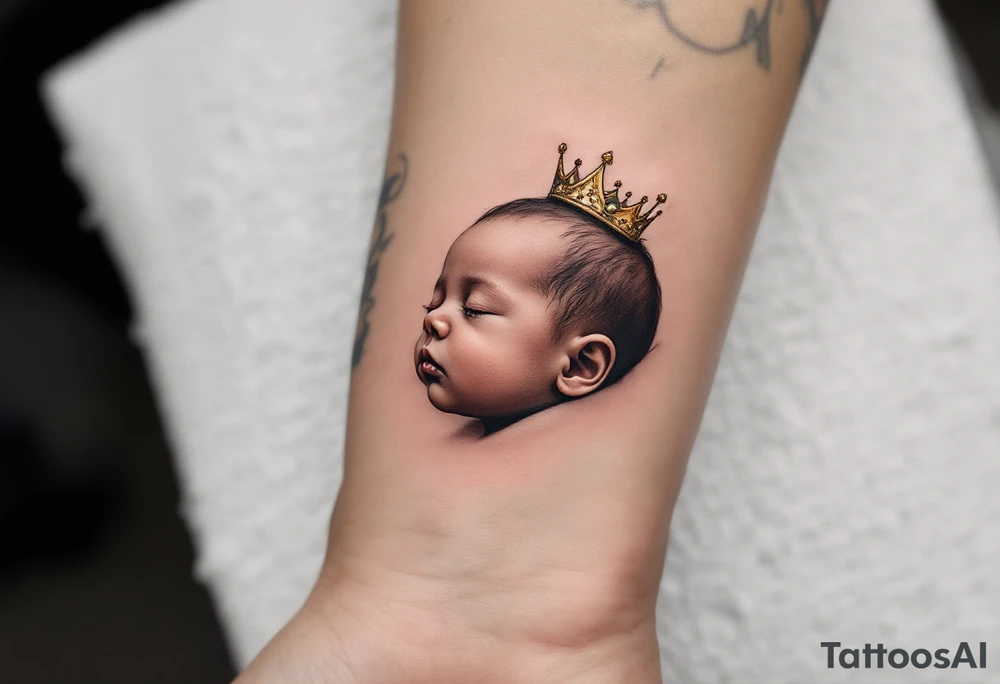 Profile portrait of a baby girl’s sleeping face with a tiny gold crown, with realistic detail. tattoo idea