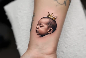 Profile portrait of a baby girl’s sleeping face with a tiny gold crown, with realistic detail. tattoo idea