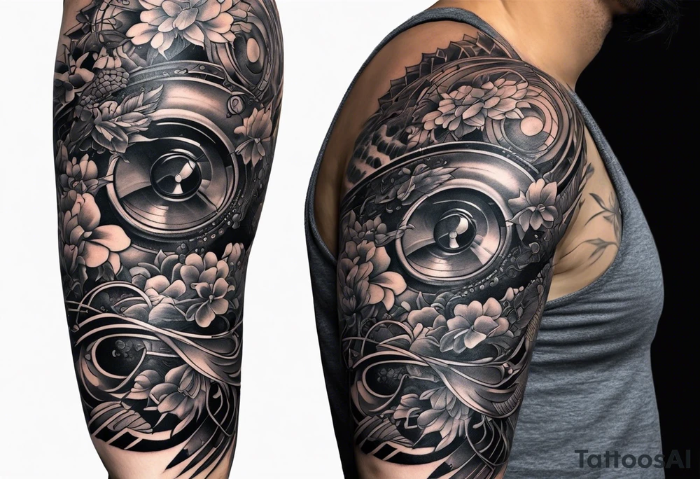 Tattoo full left arm music and medicine tattoo idea