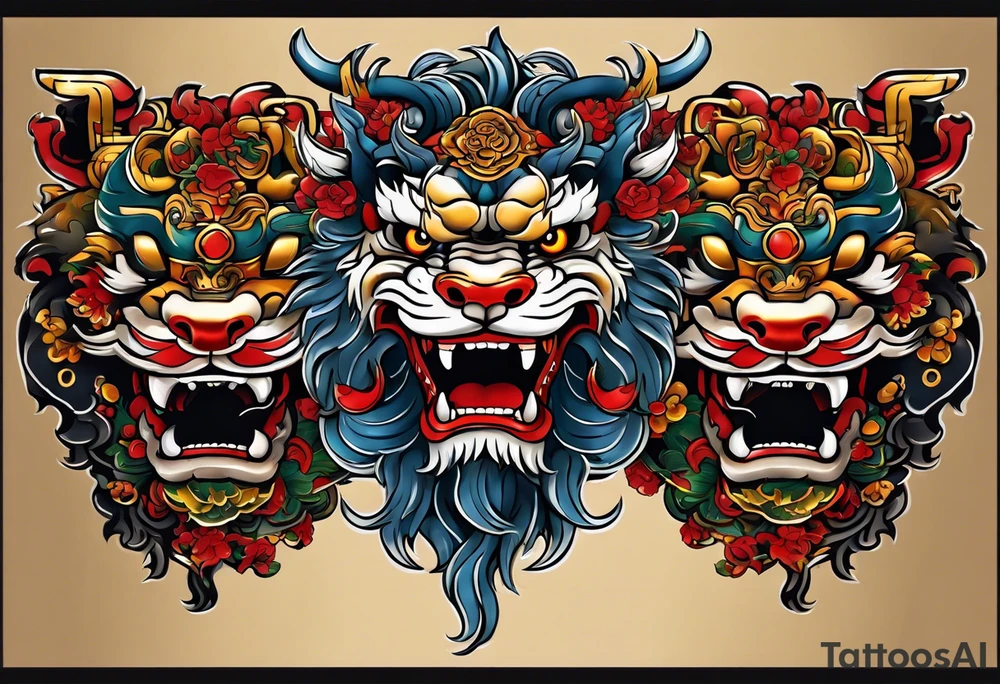 Double sided chest piece, done in Neo Japanese style of Okinawa shisa. On one side is the male with his mouth open to fend off evil, and the other side, the femal with her mouth closed to keep good in. tattoo idea