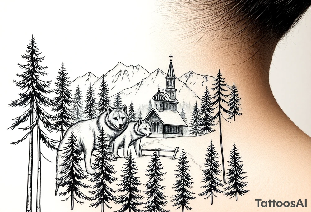 Nature/Landscape

Wolves in a pine forest (extending the tree line you already have)
A Russian bear emerging from the treeline
Snow-capped mountains behind the church scene tattoo idea