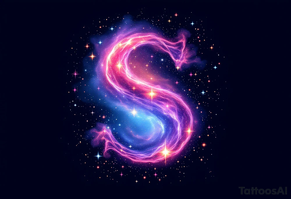 A cosmic nebula "S" in pinks and purples with stars and glowing dust clouds. tattoo idea