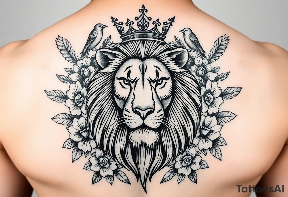 powerful majestic lion with a crown, surrounded by floral ornaments and birds tattoo idea