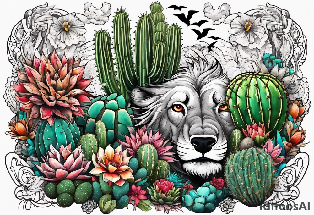 Lobo ,  cactos e árvore da vida tattoo idea