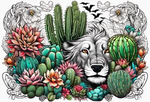 Lobo ,  cactos e árvore da vida tattoo idea