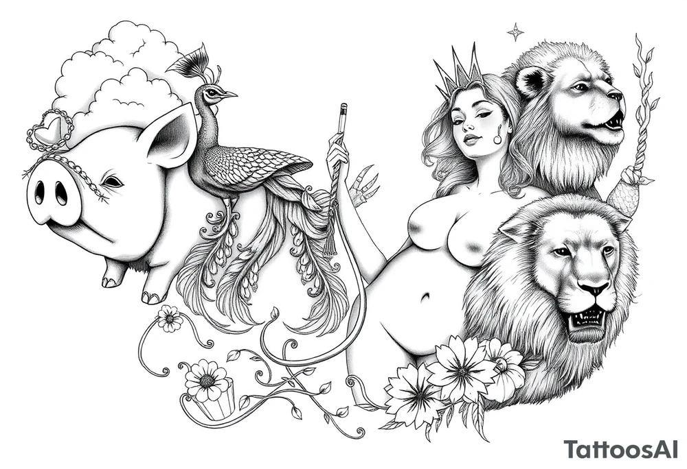 Storm clouds, pig, peacock , fat sexy naked fat woman, cupcakes, noose , money, goat, lion, couple having sex, cigerette storm lightening, killing, darkness tattoo idea