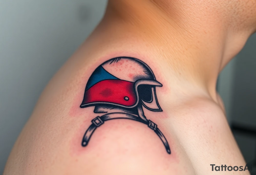 A Czech flag wrapped around a soldier’s helmet, symbolizing honor and national pride tattoo idea