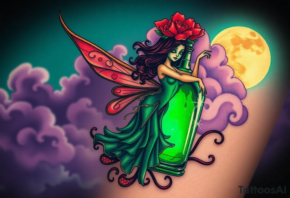 Tim Burton’s kelly doty pin up style Vintage Parisian elegant and hauntingly beautiful yet eerie full body absinthe Green Fairy dances outside her victorian crystal decatur she was once inside this elaborate ornate bottle absinthe bottle Absinthe Art Nouveau   and dripping with muted reds, dusty pinks, and eerie green glow.purple and cyan smokey clouds swirl in the crescent moonlit sky thats sprinkled with stars tattoo idea