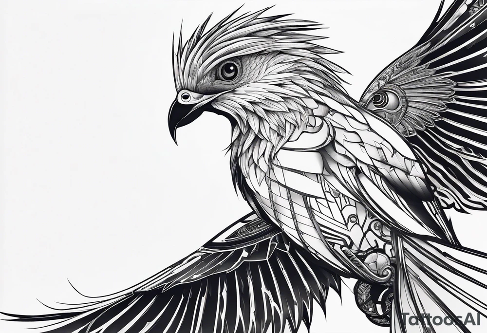 Minimalistic design Cyberpunk Quetzal that has cybernetic neurons coming from the bottom. tattoo idea