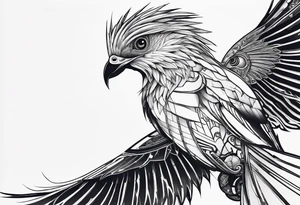 Minimalistic design Cyberpunk Quetzal that has cybernetic neurons coming from the bottom. tattoo idea