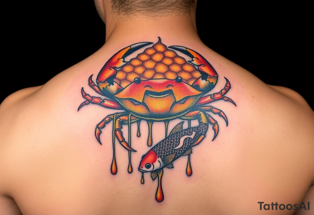 Powerful crab surrounded by dripping honey comb and coi fish tattoo idea