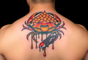 Powerful crab surrounded by dripping honey comb and coi fish tattoo idea